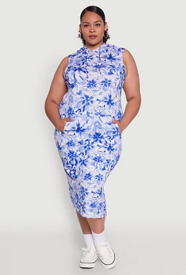 Womens Plus Size Floral Print Hooded Tank Dress, Blue, Size 1X