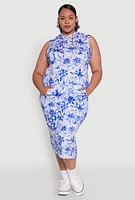 Womens Plus Size Floral Print Hooded Tank Dress, Blue, Size 1X