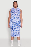 Womens Plus Size Floral Print Hooded Tank Dress, Blue, Size 1X