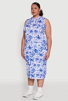 Womens Plus Size Floral Print Hooded Tank Dress, Blue, Size 1X