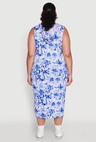 Womens Plus Size Floral Print Hooded Tank Dress, Blue, Size 1X
