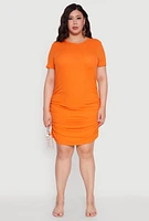 Womens Plus Side Ruched Rib Knit T Shirt Dress,