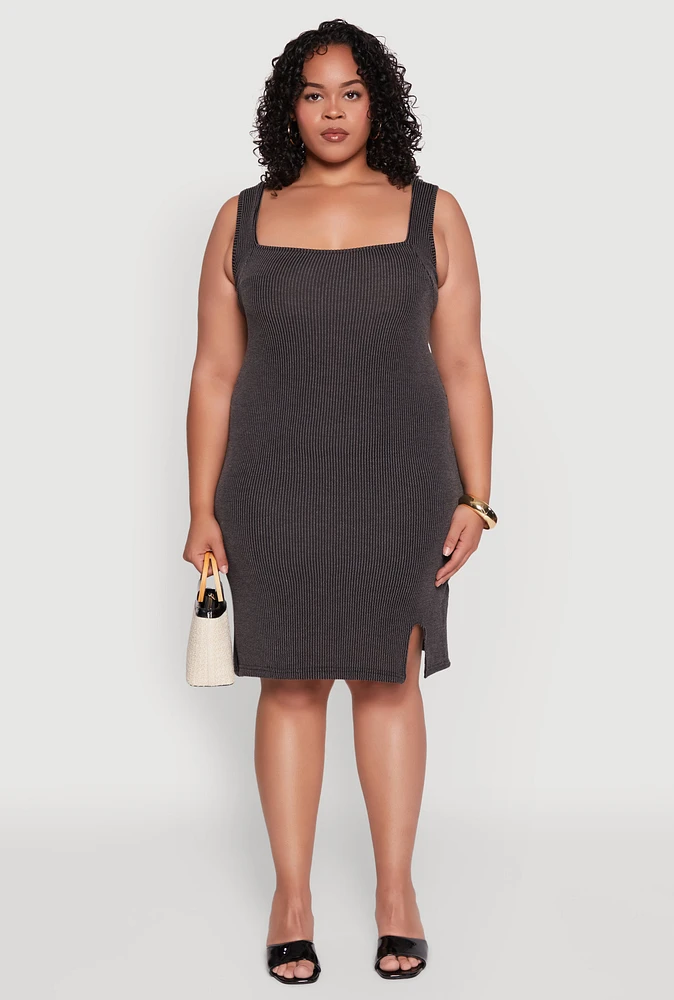Womens Plus Ribbed Knit Square Neck Tank Dress,