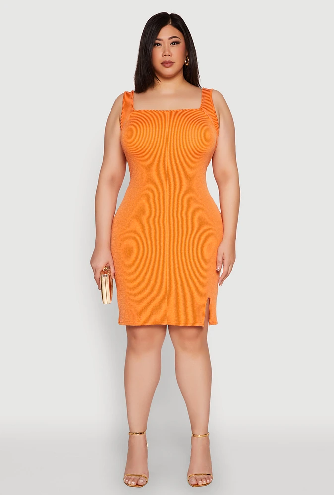 Womens Plus Size Ribbed Knit Square Neck Tank Dress, Orange, Size 1X