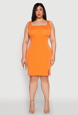 Womens Plus Size Ribbed Knit Square Neck Tank Dress, Orange, Size 1X