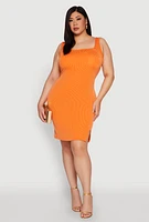 Womens Plus Size Ribbed Knit Square Neck Tank Dress, Orange, Size 1X