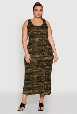 Womens Plus Size Camouflage Maxi Tank Dress, Green, Size 2X