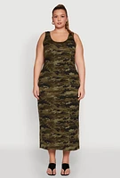 Womens Plus Size Camouflage Maxi Tank Dress, Green, Size 2X