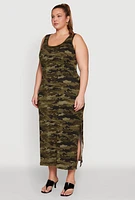 Womens Plus Size Camouflage Maxi Tank Dress, Green, Size 2X