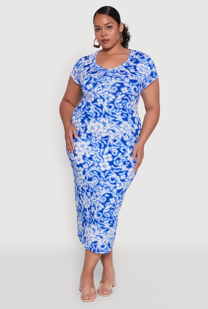 Womens Plus Laser Cut Back Floral Patterned Dress, Blue,