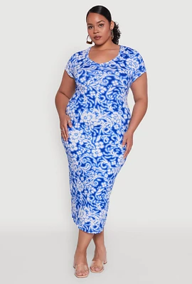 Womens Plus Laser Cut Back Floral Patterned Dress, Blue,