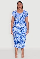 Womens Plus Laser Cut Back Floral Patterned Dress, Blue,