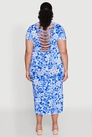 Womens Plus Laser Cut Back Floral Patterned Dress, Blue,