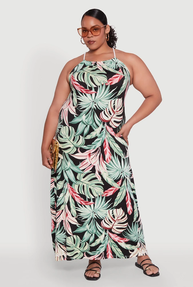Womens Plus Leaf Print Halter Maxi Dress, Multi,