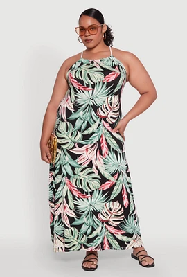 Womens Plus Leaf Print Halter Maxi Dress, Multi,
