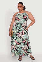 Womens Plus Leaf Print Halter Maxi Dress, Multi,