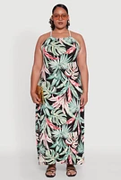 Womens Plus Leaf Print Halter Maxi Dress, Multi,