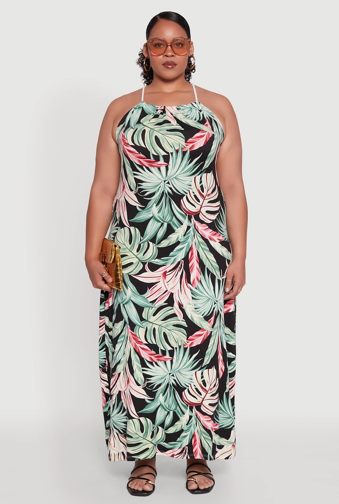 Womens Plus Size Leaf Print Maxi Dress, Multi, Size 4X
