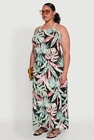Womens Plus Leaf Print Halter Maxi Dress, Multi,