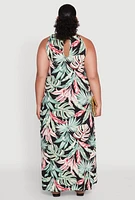 Womens Plus Leaf Print Halter Maxi Dress, Multi,