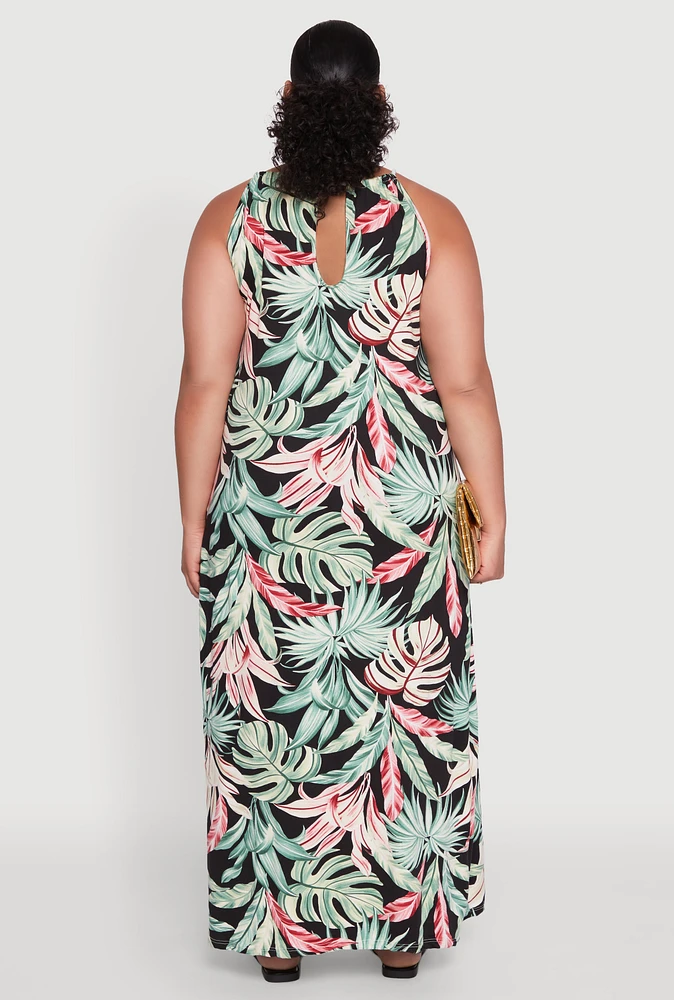 Womens Plus Size Leaf Print Maxi Dress, Multi, Size 4X