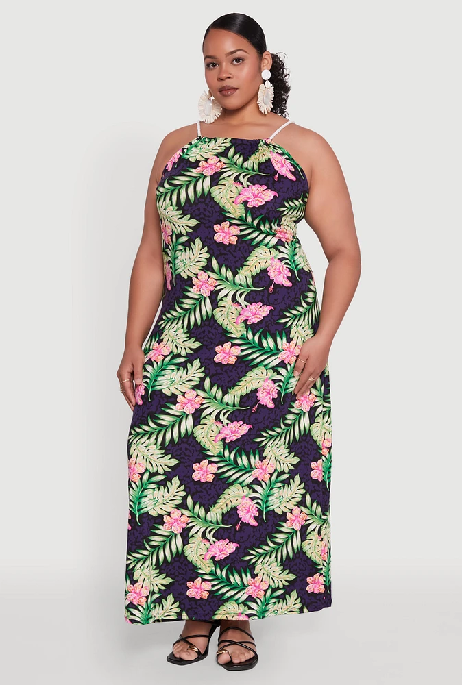 Womens Plus Size Leaf Print Rope Strap Maxi Dress, Multi, Size 3X
