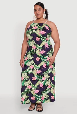Womens Plus Size Leaf Print Rope Strap Maxi Dress, Multi, Size 3X