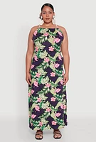 Womens Plus Size Leaf Print Rope Strap Maxi Dress, Multi, Size 3X
