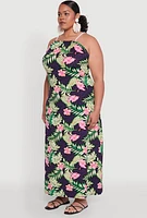 Womens Plus Size Leaf Print Rope Strap Maxi Dress, Multi, Size 3X