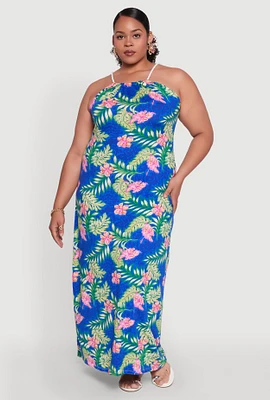Womens Plus Size Leaf Print Rope Strap Maxi Dress, Blue, Size 4X