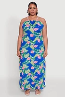 Womens Plus Size Leaf Print Rope Strap Maxi Dress, Blue, Size 4X