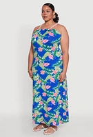 Womens Plus Size Leaf Print Rope Strap Maxi Dress, Blue, Size 4X