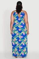 Womens Plus Size Leaf Print Rope Strap Maxi Dress, Blue, Size 4X