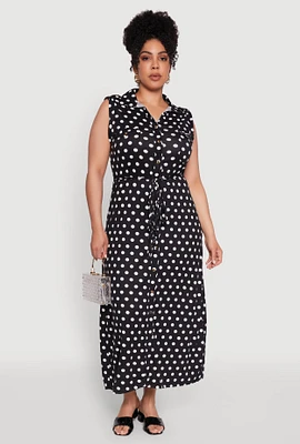 Womens Plus Chic Sleeveless Shirt Dress with Tie Waist Belt, 2X