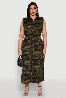 Womens Plus Size Chic Sleeveless Shirt Dress with Tie Waist Belt, Green, Size 3X