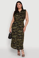 Womens Plus Size Chic Sleeveless Shirt Dress with Tie Waist Belt, Green, Size 3X