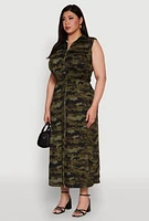 Womens Plus Size Chic Sleeveless Shirt Dress with Tie Waist Belt, Green, Size 3X
