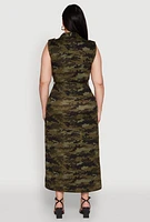 Womens Plus Size Chic Sleeveless Shirt Dress with Tie Waist Belt, Green, Size 3X