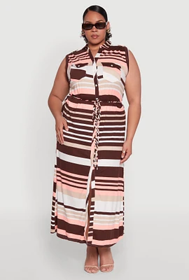Womens Plus Size Striped Tie Waist Shirt Dress, Multi, Size 2X