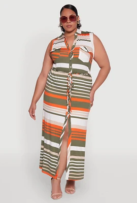 Womens Plus Striped Tie Waist Shirt Dress, Multi,
