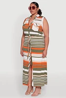 Womens Plus Striped Tie Waist Shirt Dress, Multi,