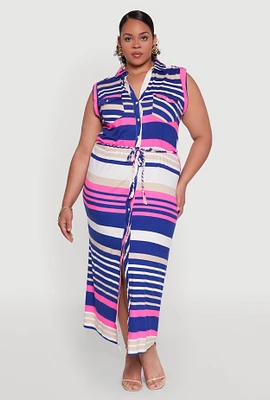 Womens Plus Striped Tie Waist Shirt Dress, Multi,