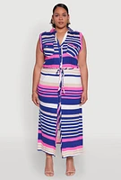 Womens Plus Striped Tie Waist Shirt Dress, Multi,