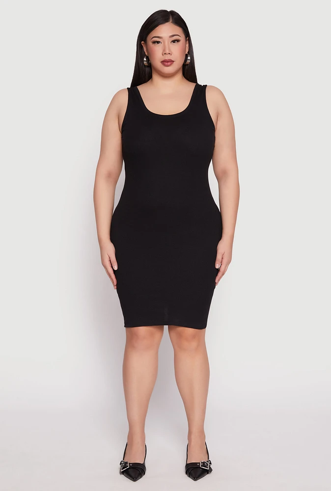 Womens Plus Size Ribbed Knit Midi Tank Dress, Black, Size 1X