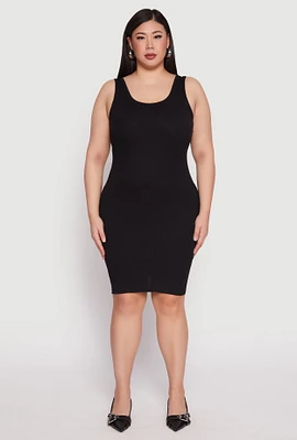 Womens Plus Size Ribbed Knit Midi Tank Dress, Black, Size 1X