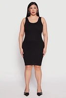 Womens Plus Size Ribbed Knit Midi Tank Dress, Black, Size 1X