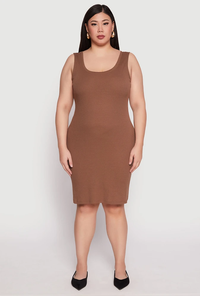 Womens Plus Size Ribbed Knit Midi Tank Dress, Brown, Size 2X