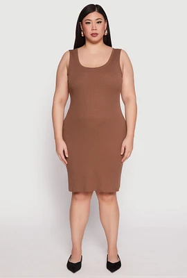 Womens Plus Size Ribbed Knit Midi Tank Dress, Brown, Size 2X