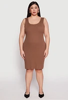 Womens Plus Size Ribbed Knit Midi Tank Dress, Brown, Size 2X
