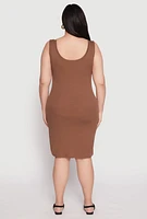 Womens Plus Size Ribbed Knit Midi Tank Dress, Brown, Size 2X